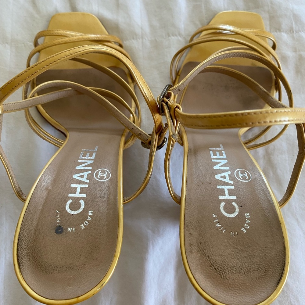 CHANEL Gold Strappy High Heel Sandals - Picture 15 of 16